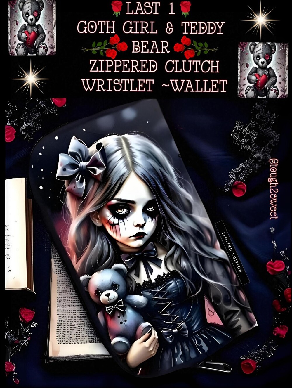 🆕️LAST 1🌹GOTH GIRL & TEDDY BEAR ZIPPERED CLUTCH WRISTLET WALLET/Y2K GOTH PUNK